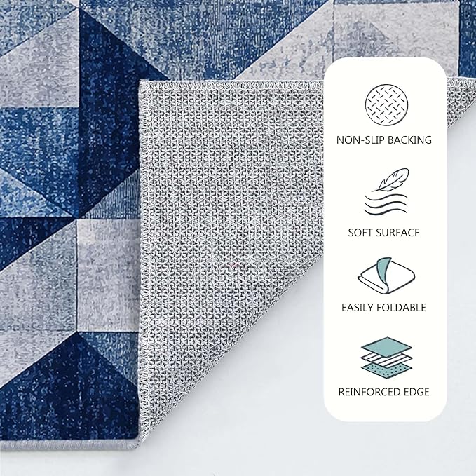 5x7 Navy Blue Area Rug Modern Geometric Blue White Beige Bedroom Rug Soft Low Pile Thin Large Carpet Living Room Non Slip Dining Room Stain Resistant Office Washable Machine