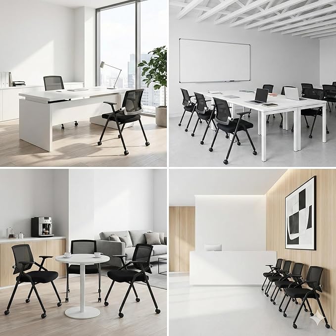 4 Pack Stackable Conference Room Chairs with Paddle Folding Office Chair Foldable Desk Chair Mesh Back and Arms for Conference Meeting Guest Reception Home Office Training Room Chair Black