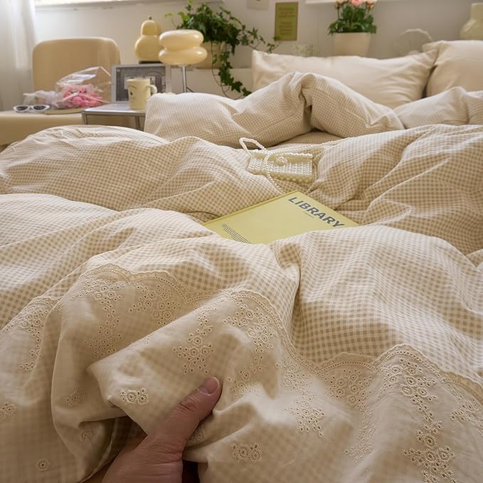 LifeTB Tan Gingham Duvet Cover Twin 3 Pieces Romantic Lace Duvet Cover Vintage Plaid Checkered Comforter Cover with 2 Pillowcases Soft Microfiber Beige Tan Grid Farmhouse Plaid Bedding Set