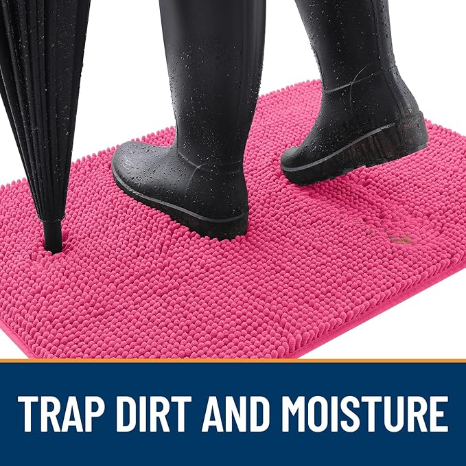 OLANLY Dog Door Mat for Muddy Paws 47x24, Absorbs Moisture and Dirt, Absorbent Non-Slip Washable Doormat, Quick Dry Chenille Mud Mat for Dogs, Entry Indoor Entryway Carpet for Inside Floor, Hot Pink