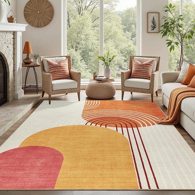 DCX Abstract Machine Washable 3x5 Rug, Mid Century Modern Rug for Living Room, Soft Low Pile Non Slip Carpet, Kid & Pet Friendly Stain Resistant Rug for Bedroom Dining Room Office, Orange & Yellow