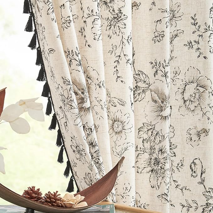 JINCHAN Linen Curtains Floral Curtains Living Room 96 Inch Long Printed Curtains Tassels Rod Pocket Back Tab Farmhouse Rustic Peony Flower Patterned Drapes Bedroom Window Curtain Set 2 Panels Black