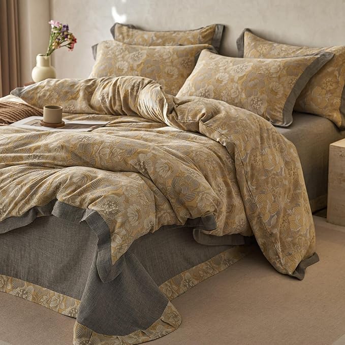 EAVD Vintage Style Yellow Floral Duvet Cover King Soft 100% Muslin Cotton Yarn-Dyed Jacquard Textured Bedding Set with 2 Pillowcases Linen Like Gauze Botanical Duvet Cover with Zipper Closure