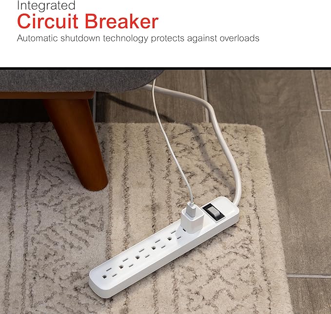 GE 6-Outlet Power Strip, 12 Ft Extension Cord, Flat Plug, Grounded, Integrated Circuit Breaker, 3-Prong, Wall Mount, ETL Listed, White, 45195