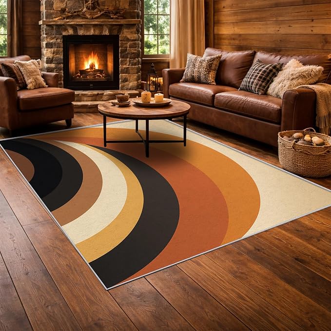 Mid Century Modern Area Rug 2x3, Washable Non-Slip Low Pile Retro Rainbow Rug for Living Room Bedroom Home Office, Abstract Boho Carpet in Terracotta Camel Cream and Black