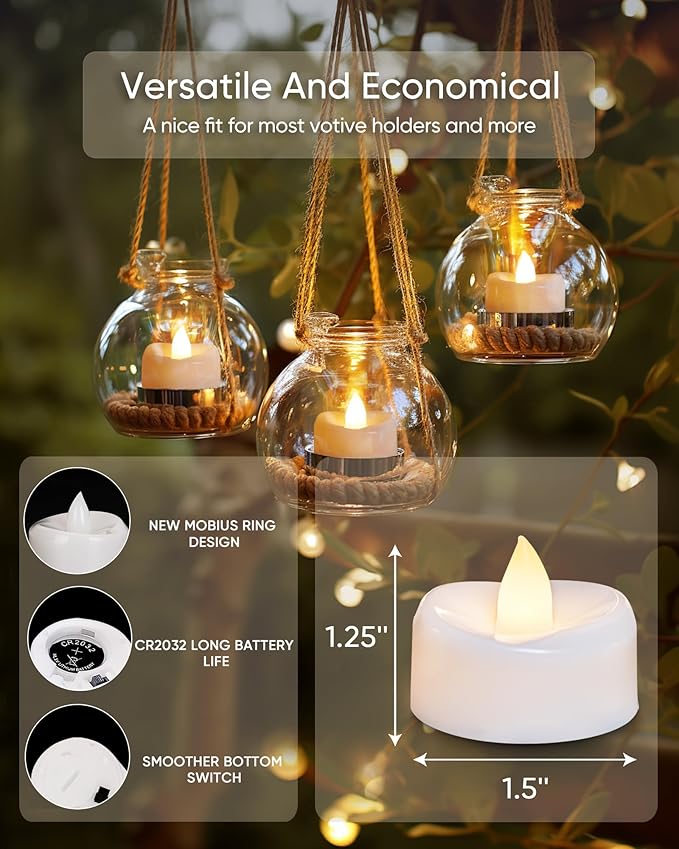 LED Candles, Tea Lights Candles Battery Operated Bulk, 24-Pack Long-Lasting 200 Hours Flameless Tealight Candles, Realistic Tea Lights for Halloween Christmas Wedding, 1.5'' D X 1.25'' H