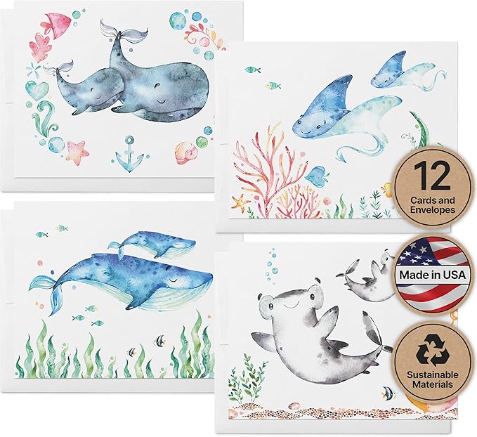 Twigs Paper - Assorted Ocean Animals Greeting Cards - Stationery Cards with Envelopes - Thank You Card - Blank Note Cards - Greeting Cards for All Occasions - Made in USA (5.5 x 4.25, Set of 12)