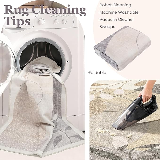 MUJOO 3x5 Washable Rugs,Boho Large Area Rug for Entryway Kitchen Entry Bedroom Bedside Foyer,Small Throw Carpet Indoor Non Slip Mid Century Modern Abstract Botanical Geometric Accent Neutral Beige