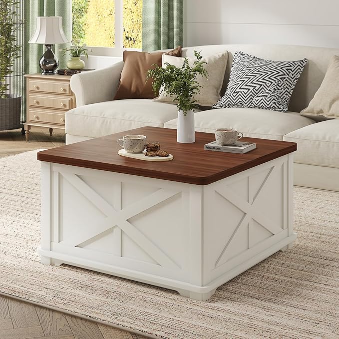 Airynee Farmhouse Coffee Table, 31.5" Lift Top Coffee Table with Storage, Square Coffee Tables for Living Room, Wooden Coffee Tables with Brown Flip-Top Lids for Home Office, White