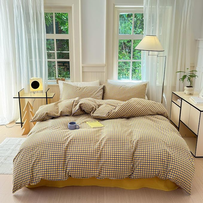 LifeTB Queen Comforter Set Purple Yellow Gingham Comforter Geometric Checkered Pattern Comforter Set Boho Grid Plaid Bedding Comforter Fluffy Soft Farmhouse Grid Bedding Set Queen Size Durable
