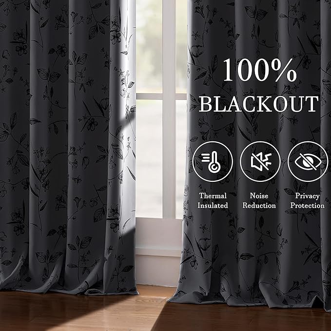 ChrisDowa 100% Blackout Floral Curtains 108 Inches Long 2 Panels for Bedroom Living Room Black Flower Patterned Room Darkening Thermal Insulated Soundproof Grommet Window Treatments Drapes,52X108