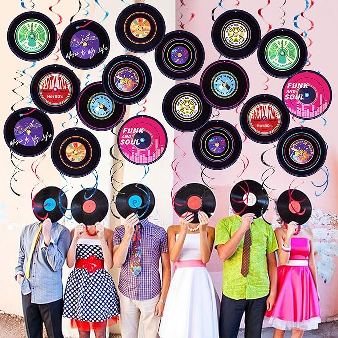 Rock and Roll Record Party Hanging Swirls, 48 Pcs, Music Theme Disco Party Decorations, Vinyl Record Design for 90s Or 50s Style Rock Music Dj Party Supplies, Black and Multicolor