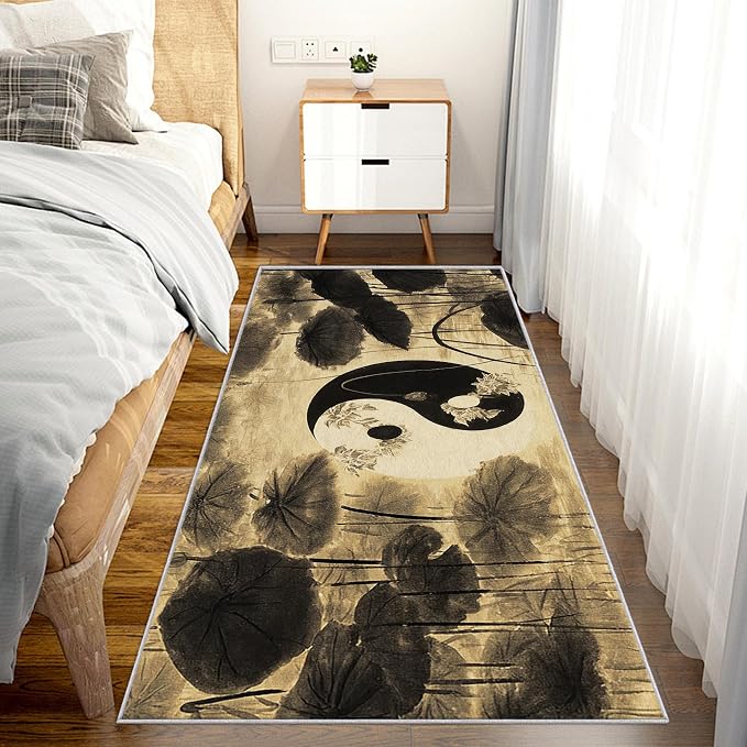 Yin Yang Lotus Leaf Runner Rug 2x7, Asian Yoga Design, Zen Spiritual Meditation Area Rug Washable Hallway Rugs Non-Slip Floor Carpet Runner for Bedroom, Narrow Hallway, Kitchen Aisle
