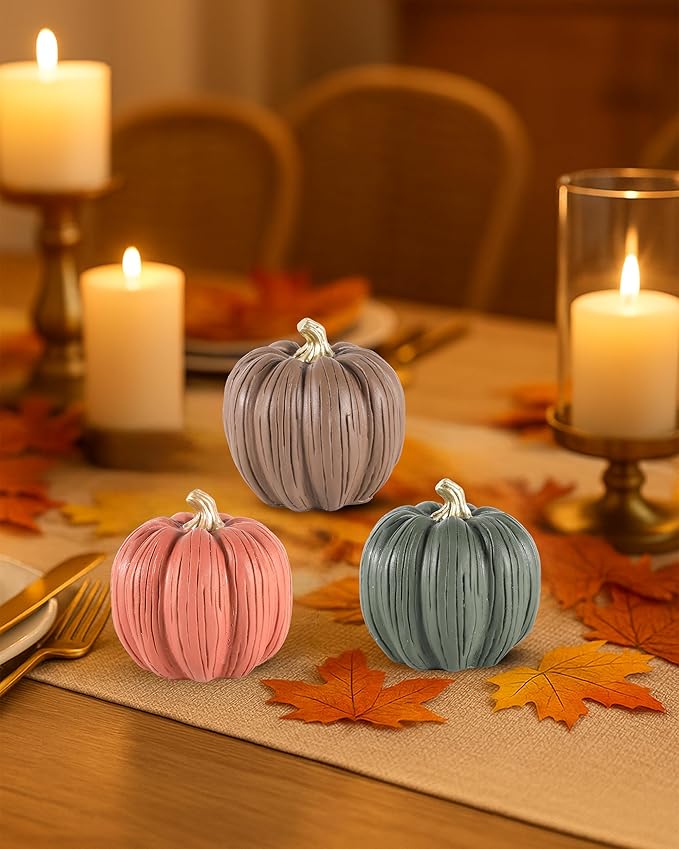 Set of 3 Mini Resin Pumpkins – Hand-Painted Fall Harvest Table Decorations in Brown, Orange & Green, 3.5” Autumn Décor for Thanksgiving Day Farmhouse Styling (Multicolor)
