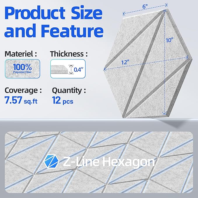 12 Pack Acoustic Panels with Self-Adhesive 12"X10"X0.4" Sound Proof Foam Panels for Walls, High Density Soundproof Wall Panels, Z-Line Hexagon Sound Dampening Panels for Home Studio Decor Office-Gray