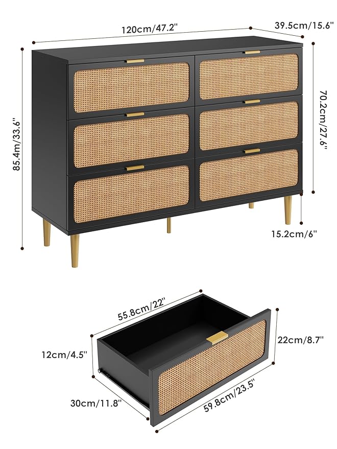 Garvee Rattan Dresser with 6 Drawers, Tall Modern Closet with Deep Storage, Large Chest of Drawers with Wide Top, Long Wooden Dresser for Bedroom, Living Room, Hallway, Kids Room, Black
