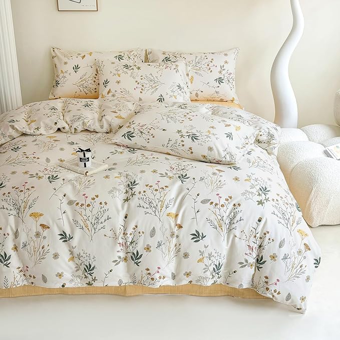 HighBuy Floral Duvet Cover Queen Boho Cozy Cotton Aesthetic Coquette Bedding Set Queen Yellow Flower Botanical French Style Comforter Cover with Zipper Soft Lightweight Duvet Cover Set for Queen Bed