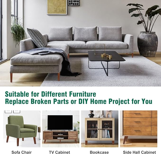 FoDau770 Brown Rubber Wood Furniture Legs 9 Inches, Straight Tapered Wood Feet Mid Century Sofa Legs Set of 4, 5/16" UNC Furniture Feet for Cabinet Couch Dresser Chair Ottoman Table