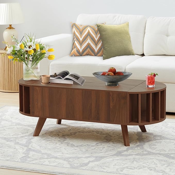 Janmer Home Small Lift Top Coffee Table with Storage, 47.3" Mid Century Modern Curved Coffee Table, Oval Center Table with Lift Tabletop for Living Room, Office (Walnut)