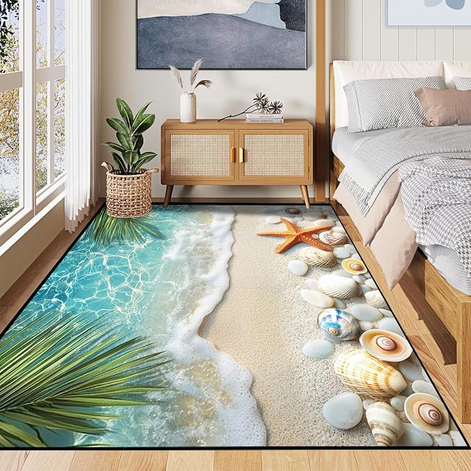 6'x9' Beach Rug Starfish Seashell Area Rugs for Bedroom Living Room Kitchen Nursery Playroom Home Decor Ocean Sea Wave Carpt 3D Non Slip Washable Throw Rug Coastal Seaside Floor Mat
