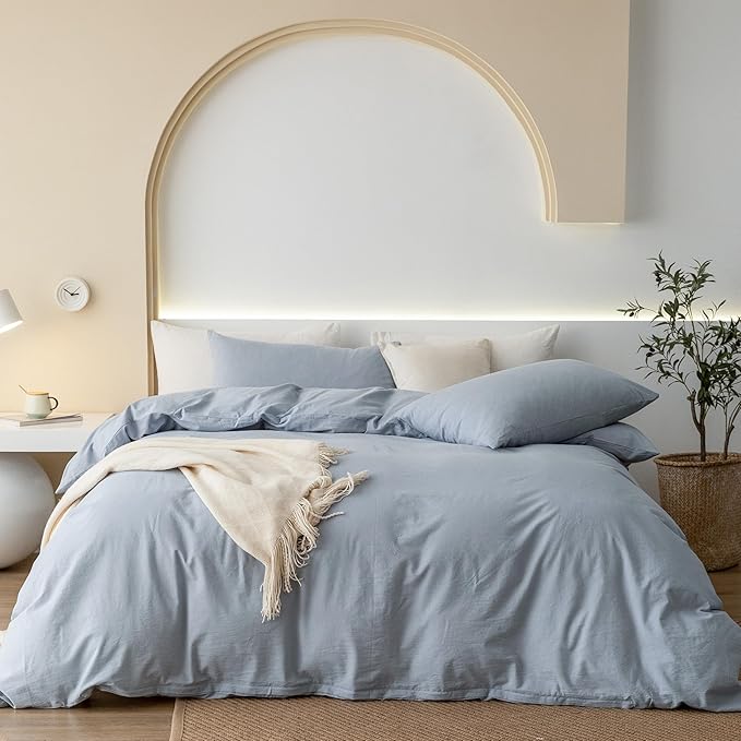 JIYUAN 100% Washed Cotton Duvet Cover Set 3 PCS Oversized Queen, 1 Duvet Cover 98"x98" (Comforter Not Included) and 2 Pillowcases,Linen Feel Bedding Set Comfy and Breathable, Heathered Light Blue