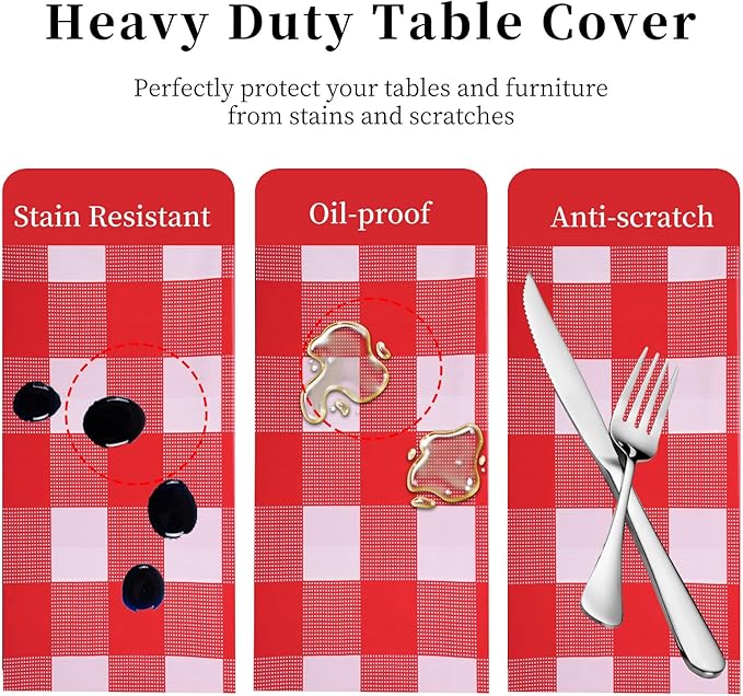 3 Packs Red and White Checkered Tablecloth 54x108 Inches Rectangle Gingham Tablecloth Disposable Plastic Waterproof Table Cover for Outdoor Picnic Kitchen and Birthday Party