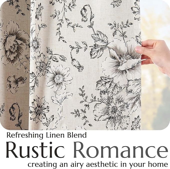 jinchan Blackout Linen Blend Curtain Floral Blackout Curtains for Living Room 63 Inch Length Black Printed with Lined Blackout Curtain for Bedroom Farmhouse Curtains Set 2 Panels