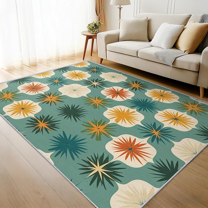Mid Century Modern Rugs for Living Room Decor, 5x7 ft, Retro Geometric Flower Area Rugs for Bedroom, Soft Non Slip Washable 70s MCM Atomic Carpet Home Decorations D-g48