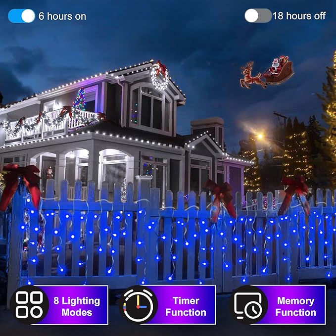 792 LED Christmas Outdoor Lights with 176 Drops, 82ft Hanging Curtain Lights 8 Modes, Christmas Fairy Lighs with Timer & Memory for House Roof Holiday Wedding ChristmasDecor (Blue)