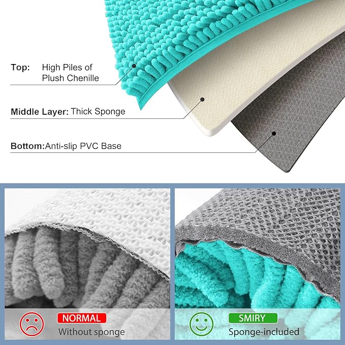 Smiry Luxury Chenille Bathroom Rugs 59x35, Extra Soft and Absorbent Shaggy Bath Mat, Machine Washable, Non-Slip Plush Carpet Runner for Tub, Shower, and Floor, Home Decor Accessories, Turquoise