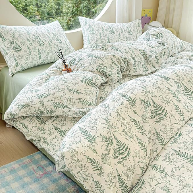 LifeTB Muslin Duvet Cover Twin Size 100% Cotton Botanical Floral Comforter Cover Ultra Soft Cottagecore Bedding Set Lightweight Linen Feel Textured Breathable Gauze Duvet Cover with 2 Pillowcases