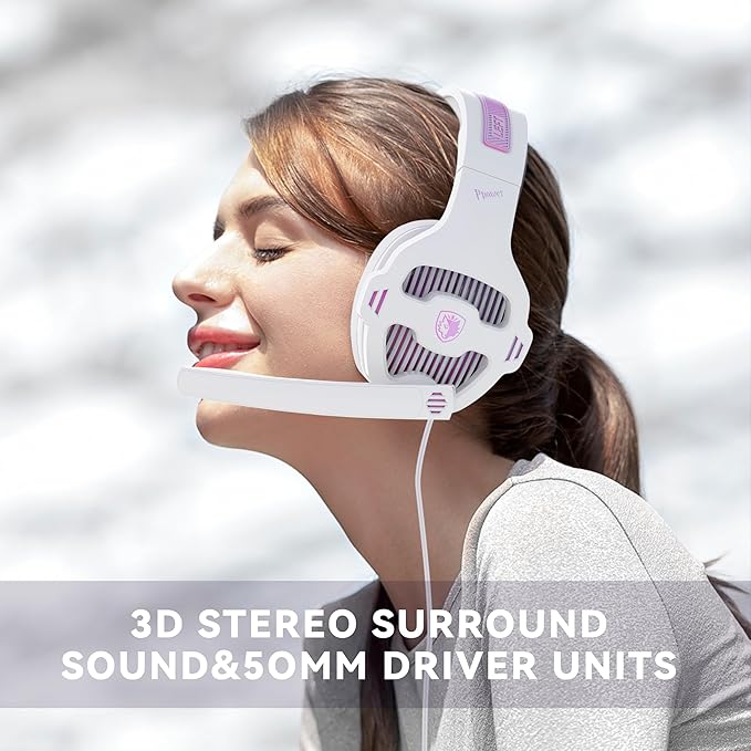 Globalsades SA726 Stereo Gaming Headset for Xbox One PS4 PS5 Controller, Over Ear Headphone with Mic Noise Cancelling Headset for PC Xbox Series (White Pink)