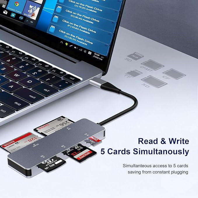 CFast 2.0 Card Reader 5-in-1, USB C USB 3.0 Aluminum Multi-Slot Memory Card Adapter with 5Gbps High-Speed Data Transfer, Simultaneous Reading for CFast/CF/SD/TF/XD Cards