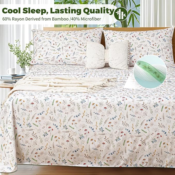 Bedlifes King Floral 4-Piece Sheet Set - Cooling Sheets Blend Rayon Derived from Bamboo,Soft & Breathable, Deep Pocket 16", Wrinkle Resistant - Vibrant Boho Floral Design