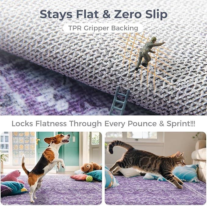 OPPODREAM Vintage Purple Area Rugs 3x5, 3 x 5 Retro Washable Rug Non Slip, Low-Pile Faux Wool Carpet, Distressed Floor Mat for Living Room, Bedroom, Kitchen, Office, Dorm, Dinning Room