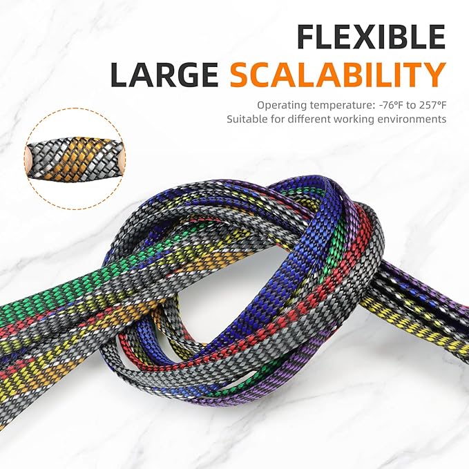 Braided Expandable Cable Sleeve, 25ft PP Cotton and PET Braided Cable Management, Flexible Mesh Wire Loom and Cable Protector for TV, Computer, Home Theater, Automotive (Orange White Grey, 1/8")