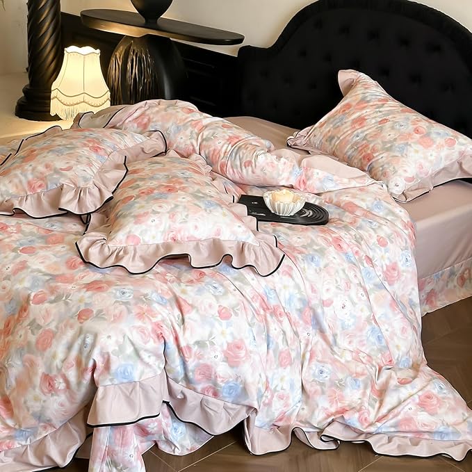 HighBuy Luxury Ruffled Duvet Cover King with Pink Floral Ruffle Edge,Soft Brushed Cotton Floral Bedding Set for Women Girls,Chic Farmhouse Comforter Cover Set,1 Duvet Cover and 2 Ruffle Pillowcase