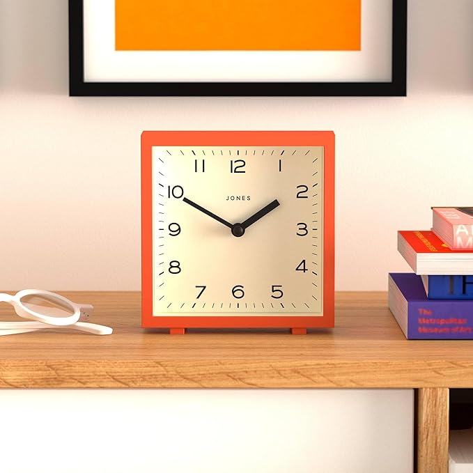 JONES CLOCKS® Disco Desk Clock | Sleek Square Design | Orange | Stylish and Easy to Read for Shelf, Table, Mantel or Bedside