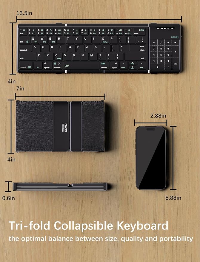 Nillkin Upgraded Foldable Bluetooth Keyboard with Touchpad & Number Pad, Portable Wireless Keyboard for Travel, Pocket-Sized, Full Size Keys, Support 3 Devices for iPad Laptop Tablets Phone, Black