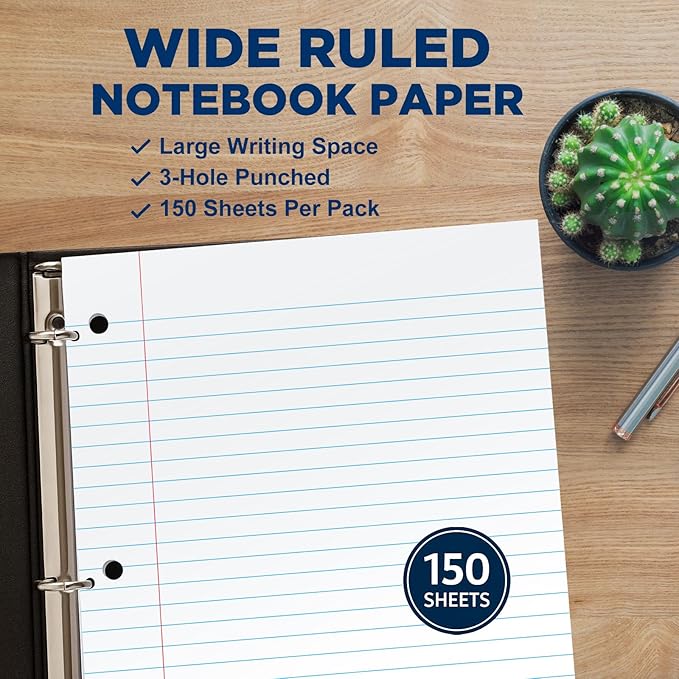 Woodlake Loose Leaf Paper, Wide Ruled Notebook Paper, 8 x 10.5”, 150 Sheets per Pack, 3 Pack Bulk Lined Filler Paper, 3 Hole Punched, 60gsm, Made in USA