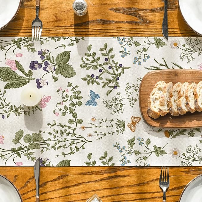 Artoid Mode Wildflowers Floral Spring Table Runner, Butterfly Seasonal Summer Kitchen Dining Table Decoration for Home Party Decor 13x108 Inch