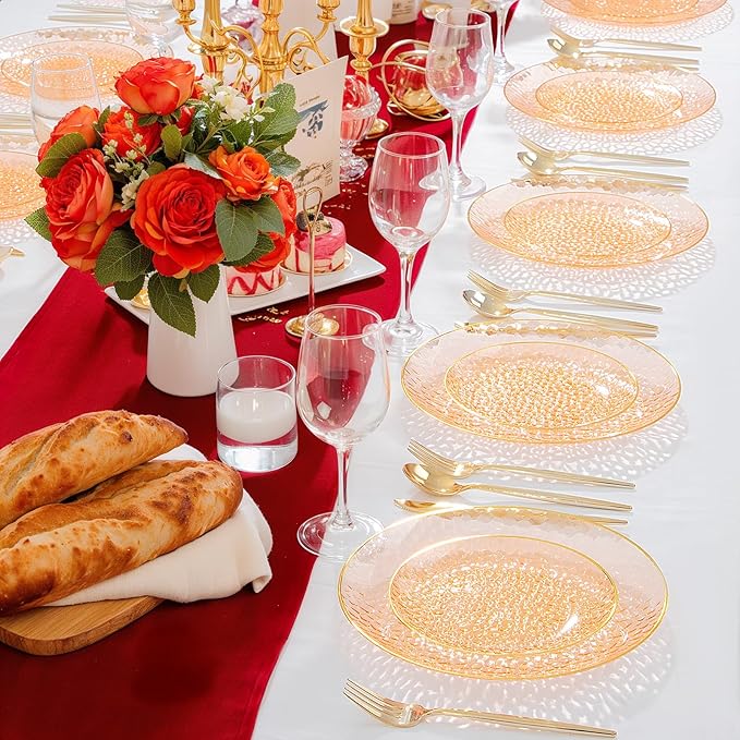 Rubtlamp 60Pcs Orange Plastic Plates, Orange Disposable Plates With Gold Rim, Hammered Plastic Plates Include 30 Dessert Platos, 30 Dinner Platos for Party, Thanksgiving