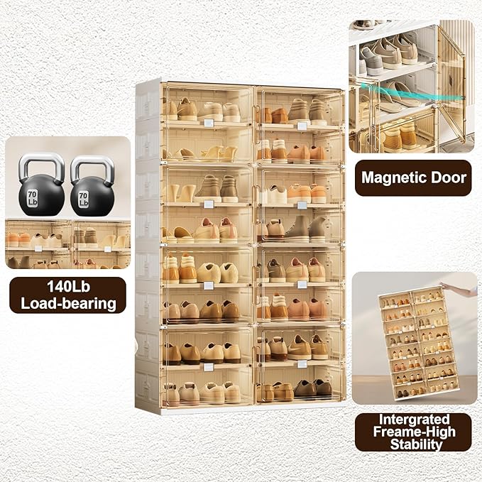 wesimple 40 Pairs Shoes Storage Cabinet of 3-Step Fast Installation,Plastic Shoe Rack with Clear Magnetic Door for Display，Foldable Shoe Organizer for Entryway, Living Room, Garage (2 Row, 10 Tier)