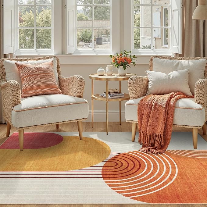 DCX Abstract Machine Washable 4x6 Rug, Mid Century Modern Rug for Living Room, Soft Low Pile Non Slip Carpet, Kid & Pet Friendly Stain Resistant Rug for Bedroom Dining Room Office, Orange & Yellow