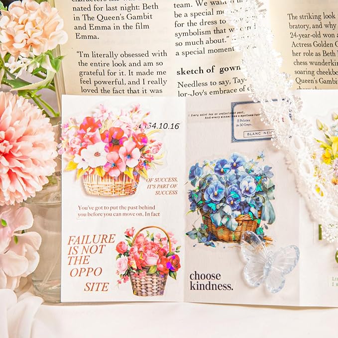 AuriicLeaf Floral Basket Holographic PET Sticker Set, 72Pcs Vintage Flower Stickers for Scrapbooking, Journaling, Junk Journal Supplies, and DIY Crafts