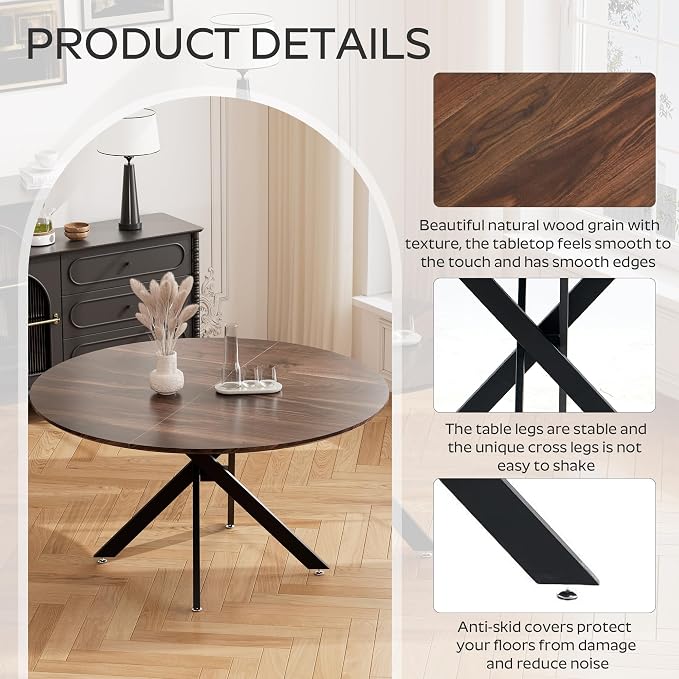 RGZ Mid Century Walnut Round Dining Table Set for 6, 47" Large Wooden Circle Kitchen Table & 6 White PU Leather Kitchen Chairs, Dinner Table Set for Home, Apartment, Dining Room