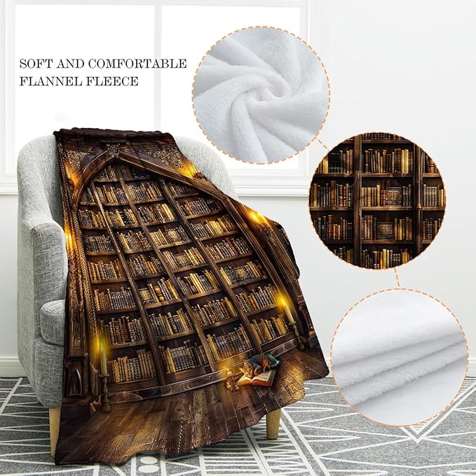 Jekeno Vintage Books Cat Bookshelf Blanket Gifts for Women Men Kids Girls Boys Husband Dad Halloween Birthday Christmas Library Bookcase Candle Decor Bedroom Study Classroom Living Room Throw 60"x80"