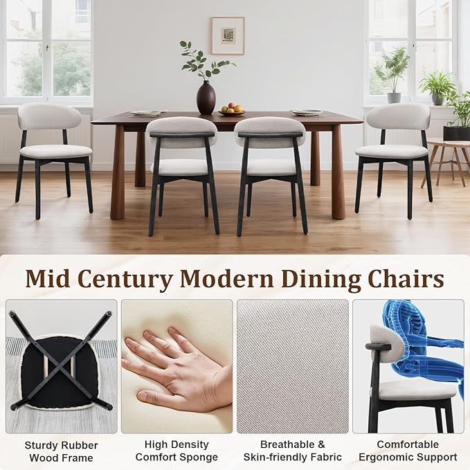 Farmhouse Dining Chairs Set of 6,Mid Century Modern Fabric Upholstered Kitchen Chairs,Wooden Dining Room Chair with Curved Back Black Leg for Kitchen Dining Room Restaurant Cafe,Linen Gray,Only Chairs