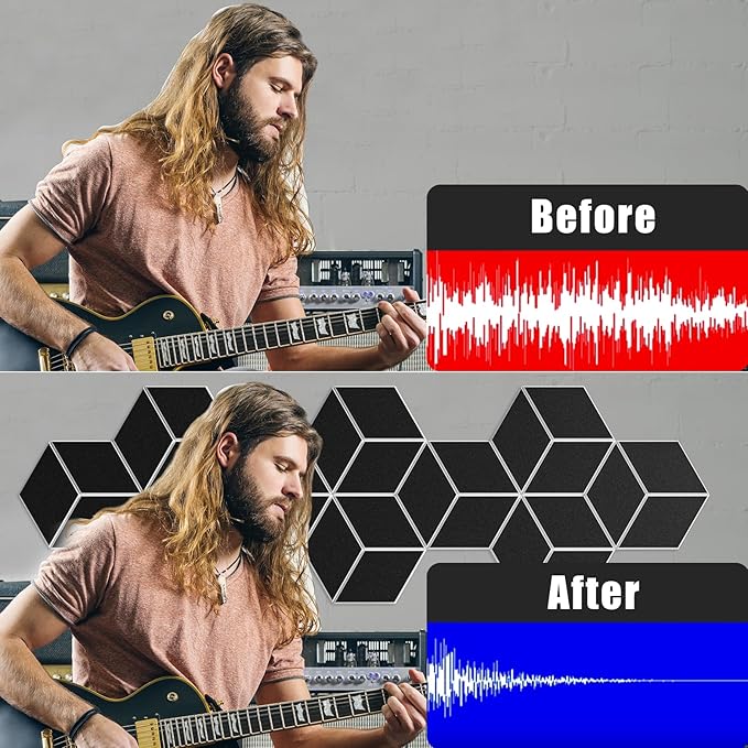 12-Pack Self-Adhesive Acoustic Panels 12" x 10" x 0.4" High-Density, Flame-Resistant Soundproof Foam. Absorbs Noise and Eliminates Echoes, Hexagonal 3D Design(BlackFace)