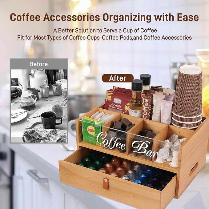 Intarsio 2-Tier Coffee Bar Organizer with Clear Acrylic Top, Built-in Drawer and Leather Handle Pull for Countertop, Stylish Coffee Station Storage Box for Accessories, Pods, Great Gifts for Home